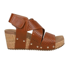 Cognac Wide Strap Wedge Sandal