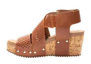 Cognac Wide Strap Wedge Sandal