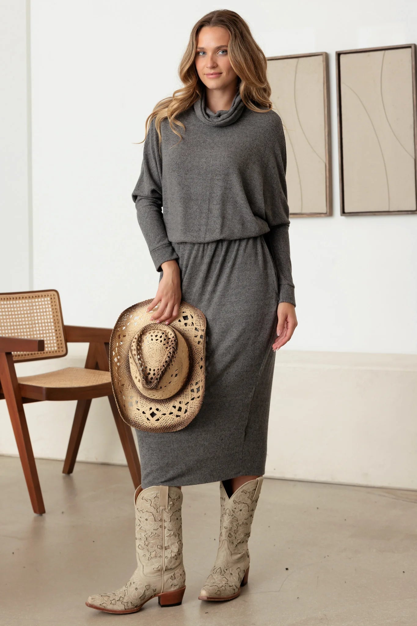 Kendra Relaxed Turtle Neck Long Sleeve Midi Dress