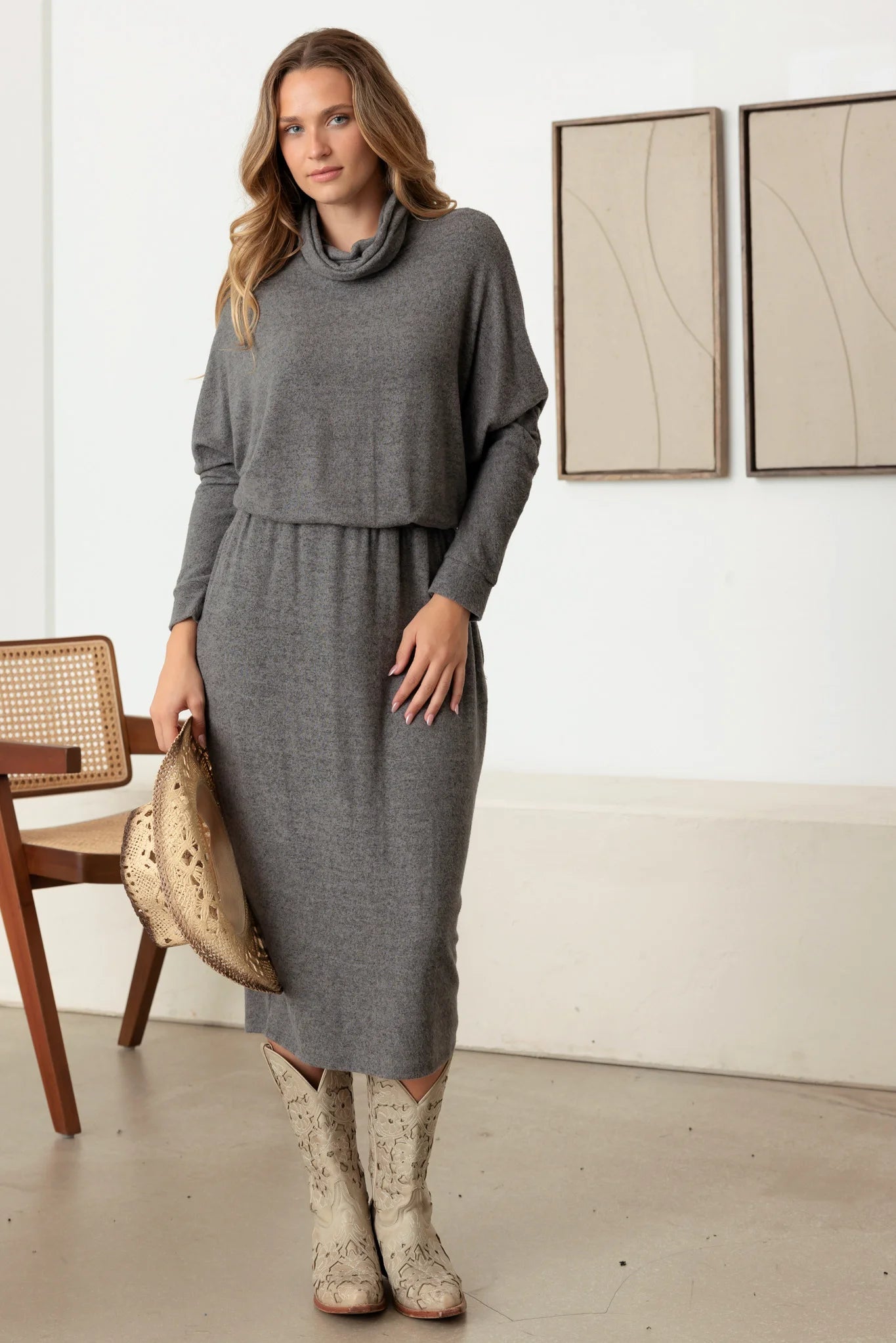 Kendra Relaxed Turtle Neck Long Sleeve Midi Dress