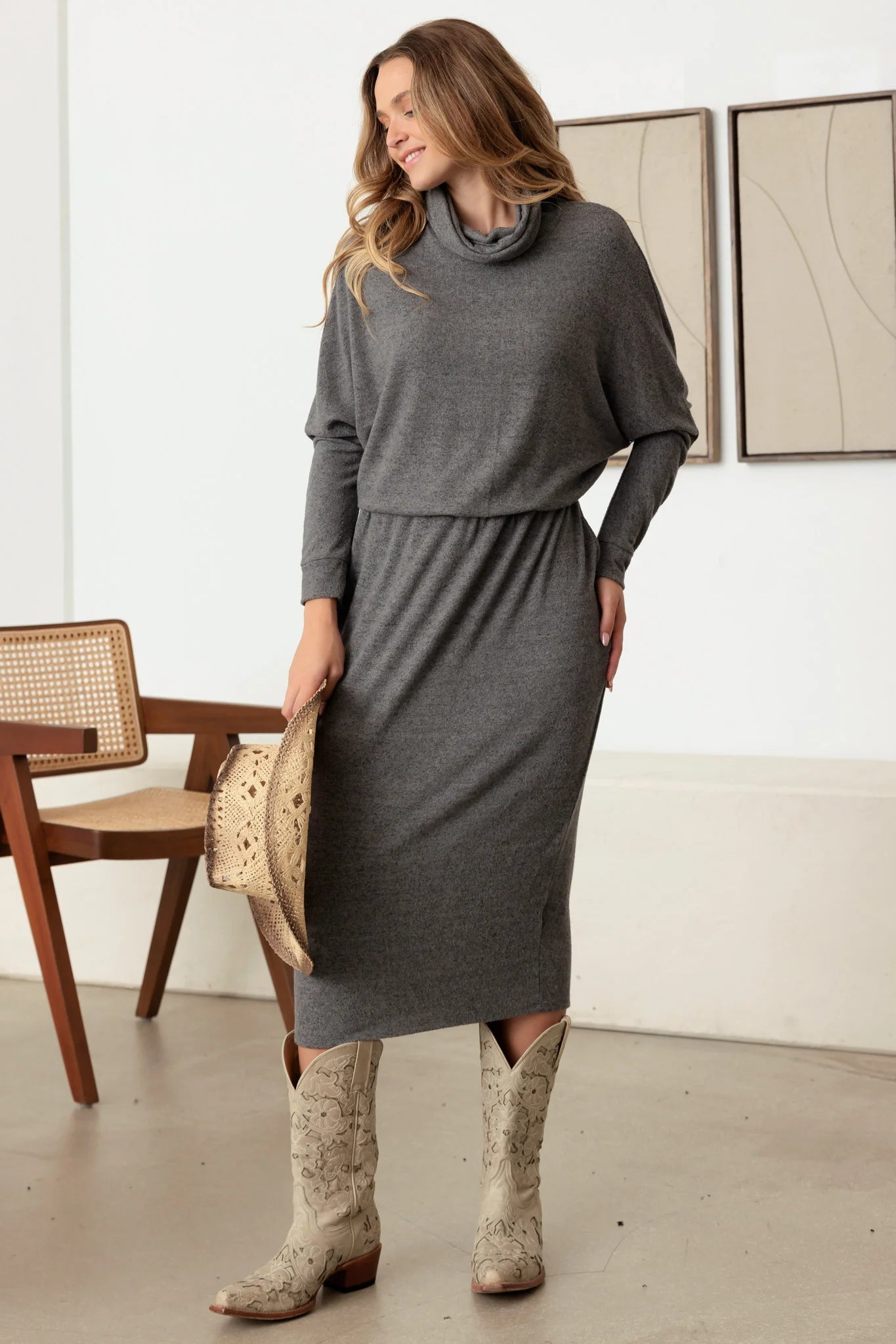 Kendra Relaxed Turtle Neck Long Sleeve Midi Dress