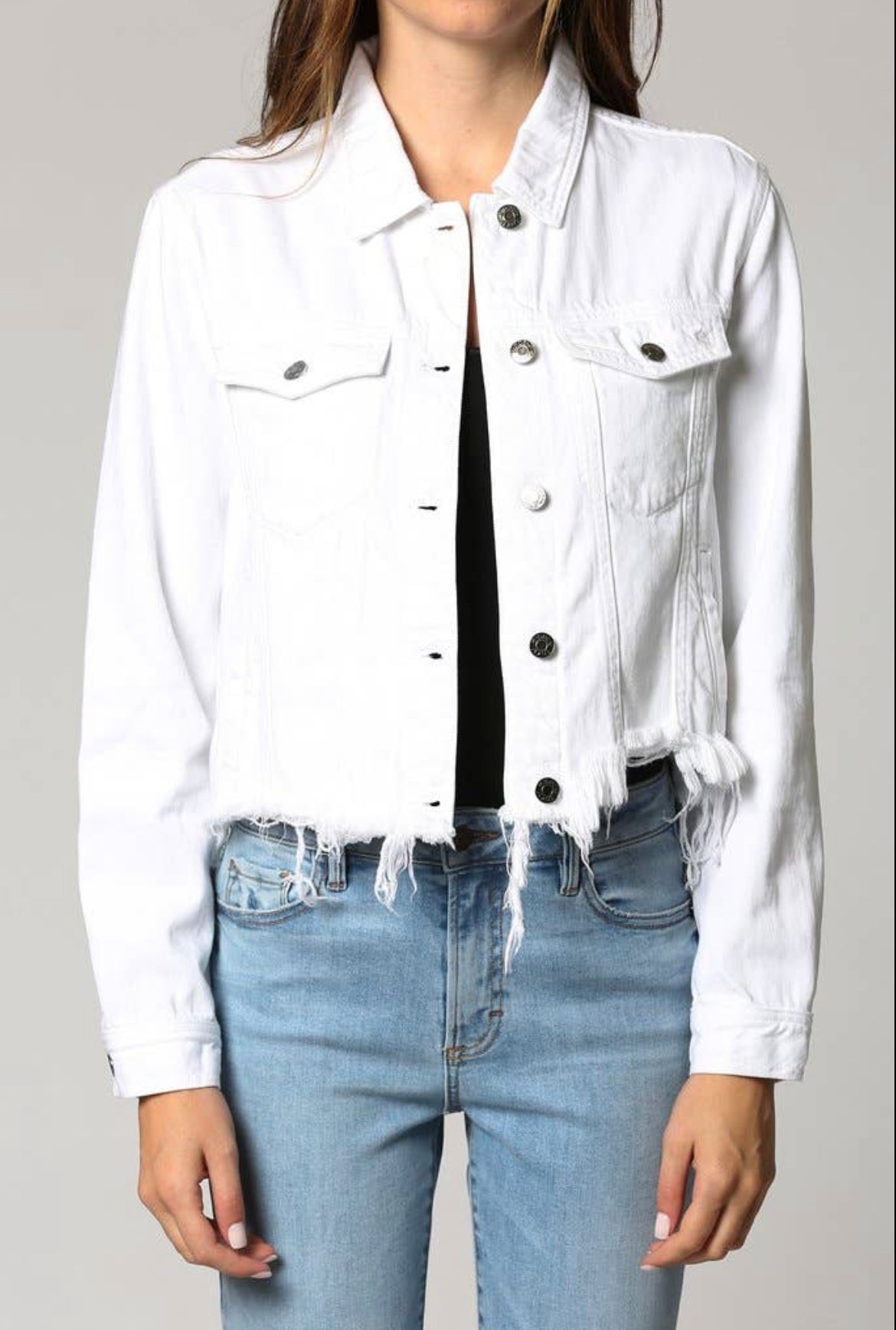 White Cropped Fitted Frayed Jean Jacket
