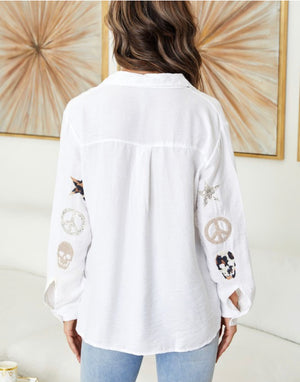 Star Skull & Peace Patch White Blouse