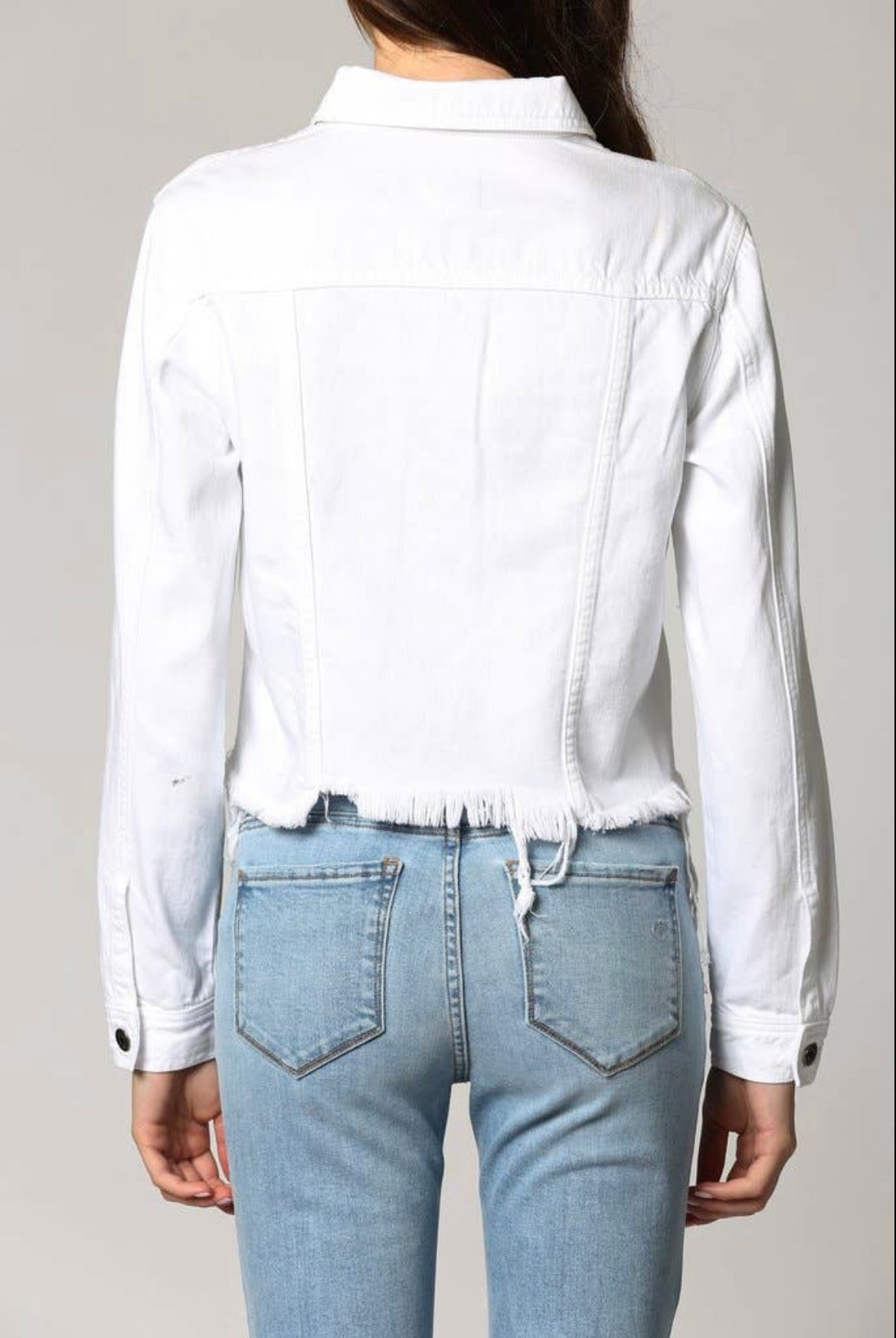 White Cropped Fitted Frayed Jean Jacket