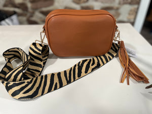 Pebbled Vegan Leather Bag w/ Tassel & Camel/Black Zebra Strap