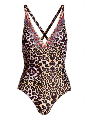 Glam Leopard V-Neck One Piece Swimsuit with open Back Criss Cross Straps