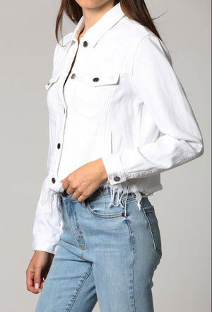 White Cropped Fitted Frayed Jean Jacket